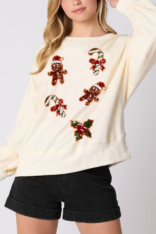 Velina Moda | Christmas Gingerbread Man Sequin Casual Long Sleeve Sweatshirt