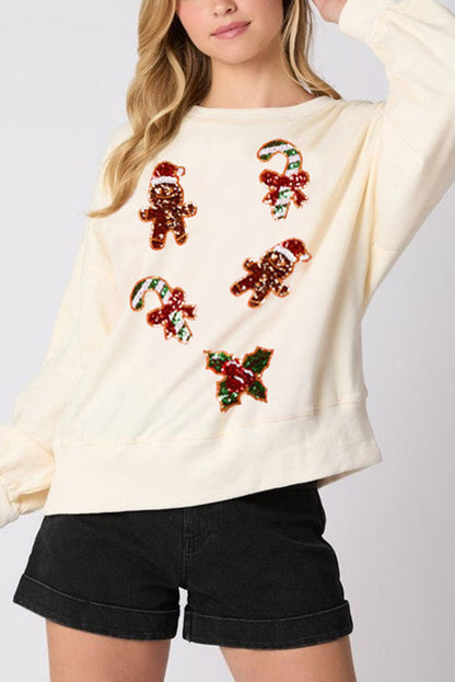 Velina Moda | Christmas Gingerbread Man Sequin Casual Long Sleeve Sweatshirt