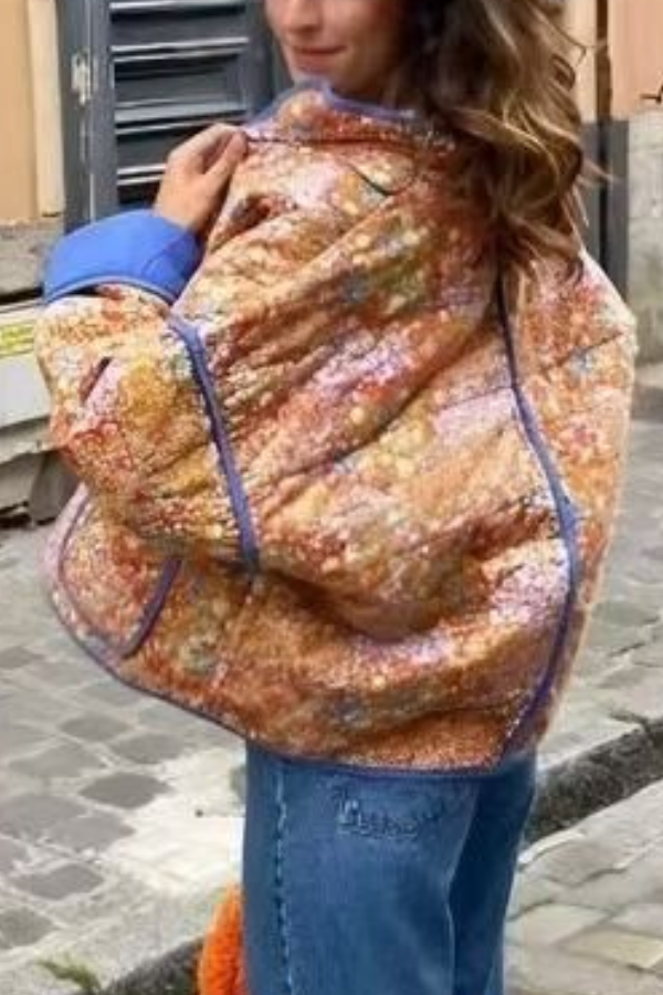 Velina Moda | Colorblock Large Bag Stand Collar Quilted Jacket Made Of Cotton