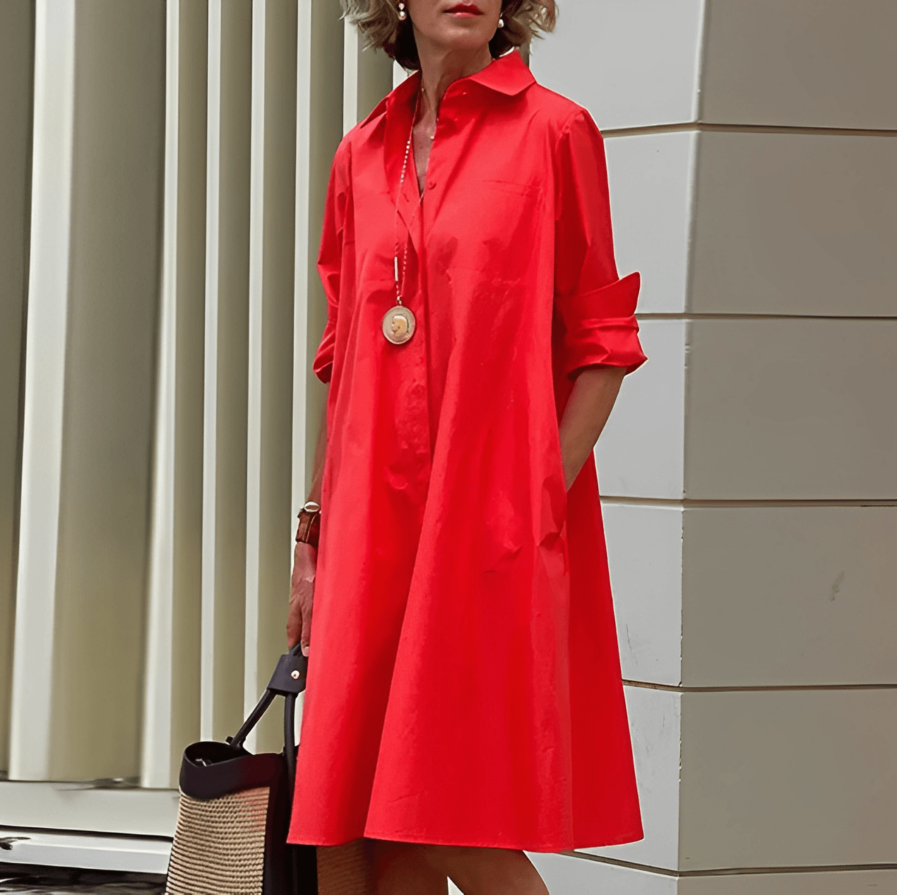 Shirt dress with lapel collar and three-quarter sleeves