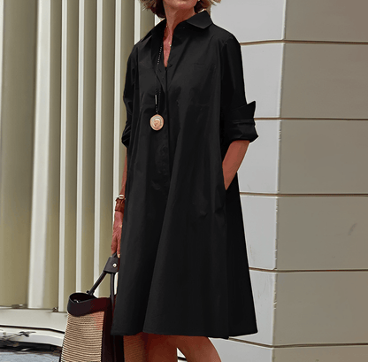 Shirt dress with lapel collar and three-quarter sleeves