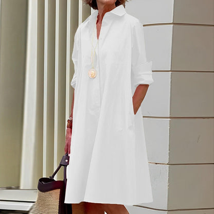 Shirt dress with lapel collar and three-quarter sleeves