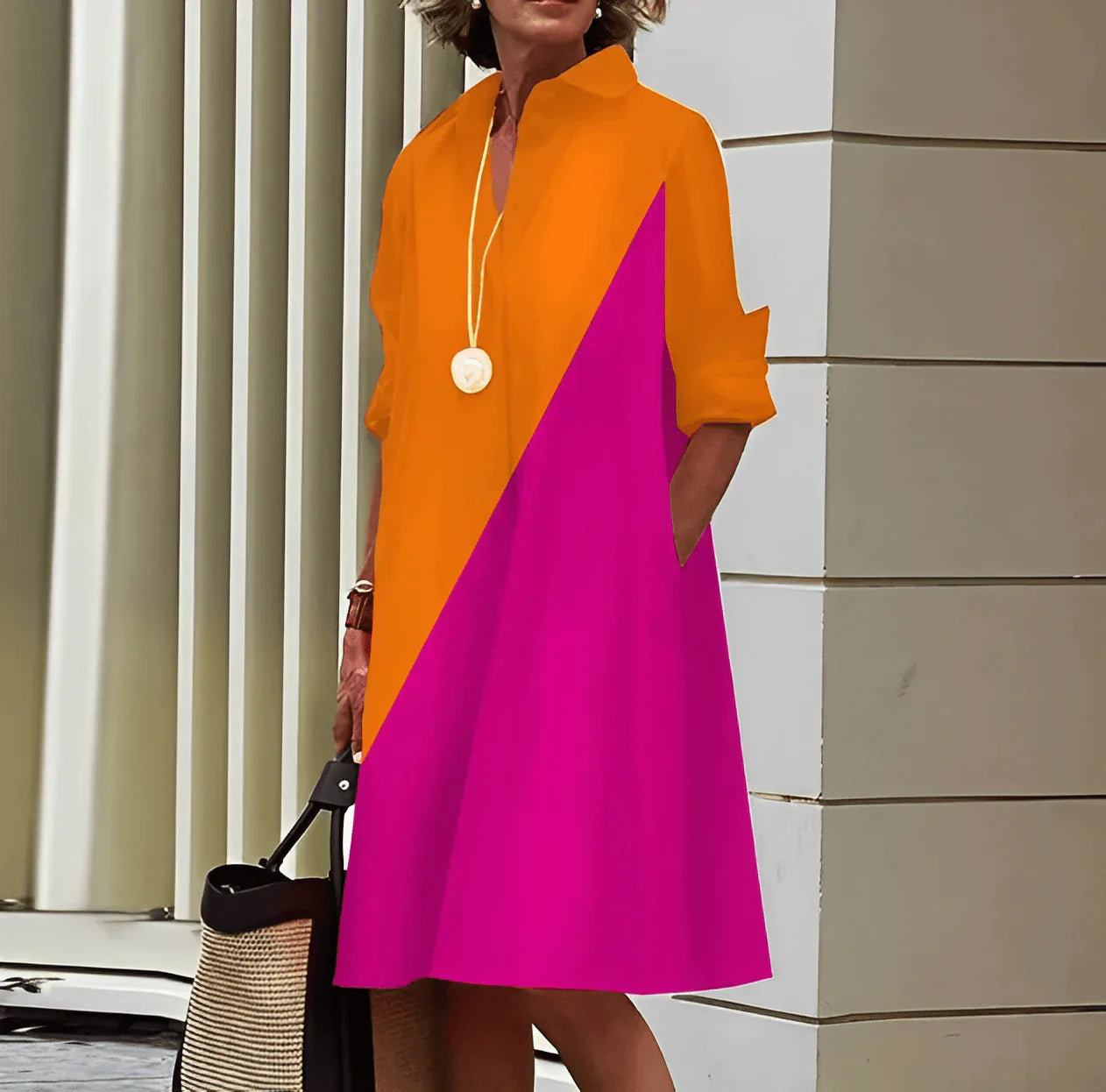 Shirt dress with lapel collar and three-quarter sleeves
