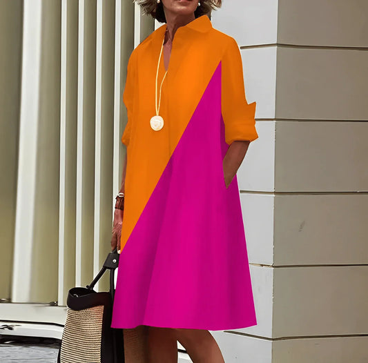 Shirt dress with lapel collar and three-quarter sleeves