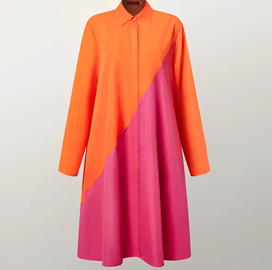 Shirt dress with lapel collar and three-quarter sleeves