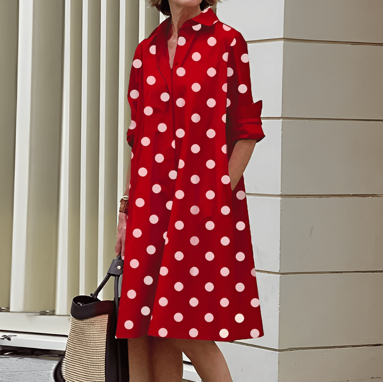 Shirt dress with lapel collar and three-quarter sleeves