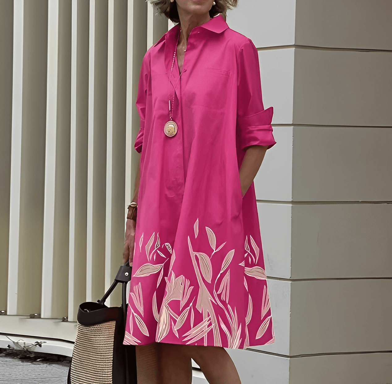 Shirt dress with lapel collar and three-quarter sleeves