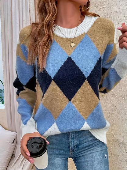 Velina Moda | Check pattern round neck sweater for timeless elegance