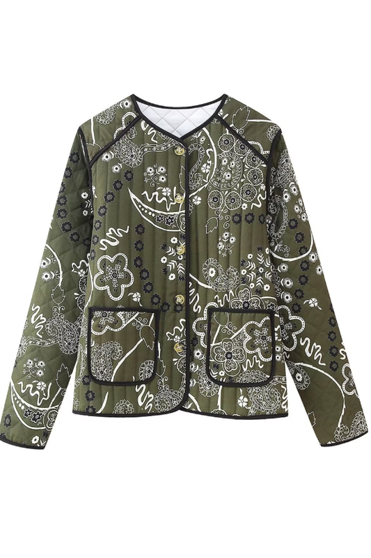 Velina Moda | Print Bags Casual Crew Neck Jacket