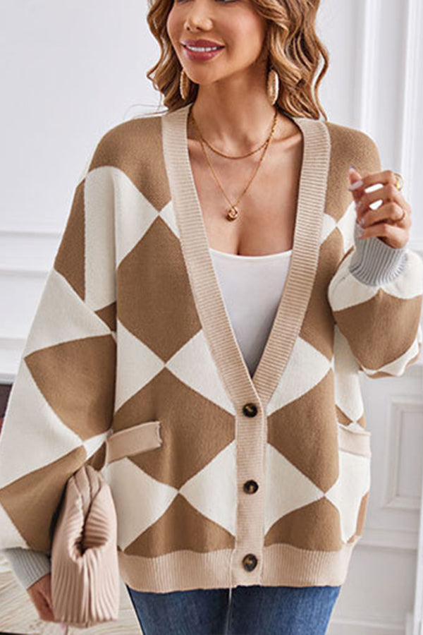 Velina Moda | Neck Geometric Patchwork Contrasting Knit Cardigan Casual Loose Jacket
