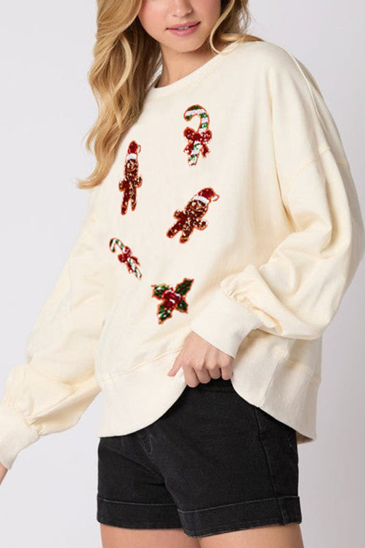 Velina Moda | Christmas Gingerbread Man Sequin Casual Long Sleeve Sweatshirt