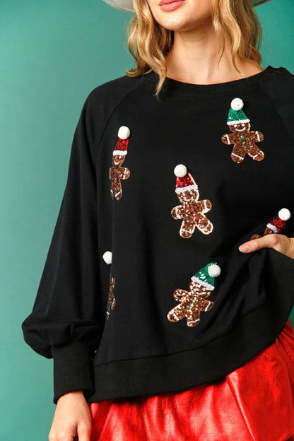 Velina Moda | Christmas Gingerbread Man Sequins Long Sleeve Sweatshirt