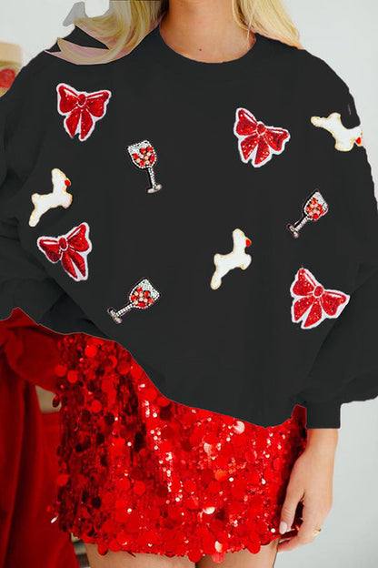 Velina Moda | Christmas Bow Wine Glass Sequins Loose Long Sleeve Sweatshirt