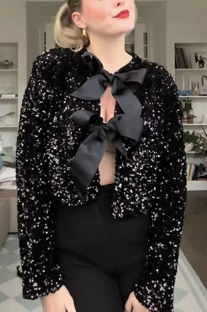 Velina Moda | Options To Celebrate, Tie Front Bow Sequin Jacket