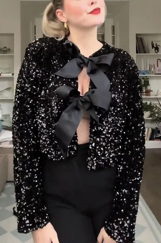 Velina Moda | Options To Celebrate, Tie Front Bow Sequin Jacket