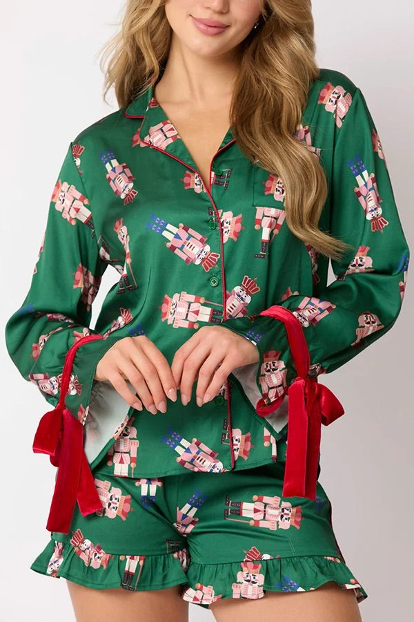 Velina Moda | Christmas Fashion Printed Bow Top and Elastic Waist Ruffle Shorts Set