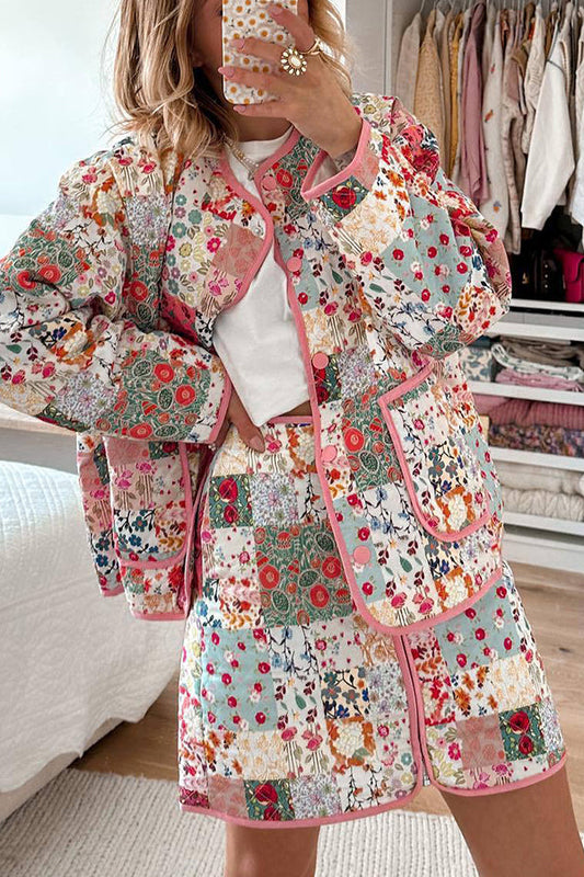 Velina Moda | Patchwork Floral Pattern Print Button Closure with Pockets Quilted Lightweight Jacket