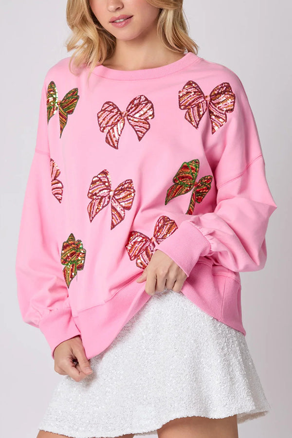 Velina Moda | Christmas Bow Sequin Loose Casual Long Sleeve Sweatshirt