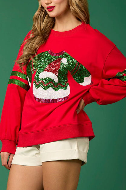 Velina Moda | Christmas Sequin Crew Neck Casual Sweatshirt
