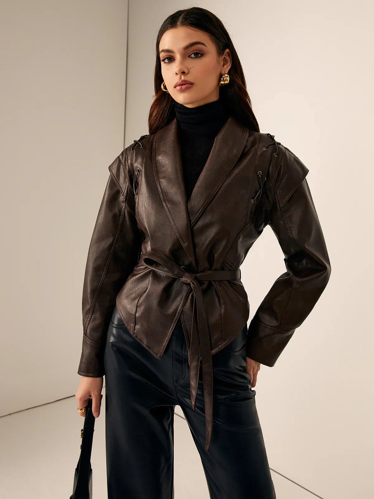 Velina Moda | Leather Lace Lapel Collar Blazer Jacket