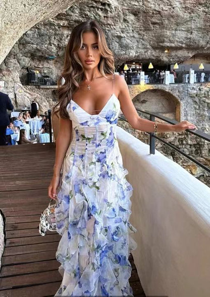 Isabella - Vestido largo floral con volantes