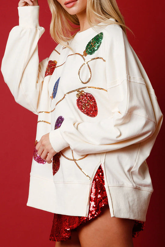Velina Moda | Christmas Lights Sequins Slit Pullover Sweatshirt