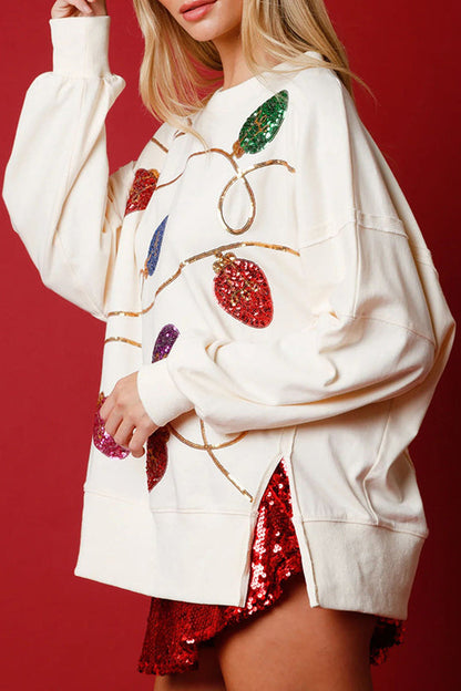Velina Moda | Christmas Lights Sequins Slit Pullover Sweatshirt