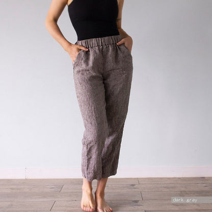 Pantalones harem de lino para mujer con cintura ajustable
