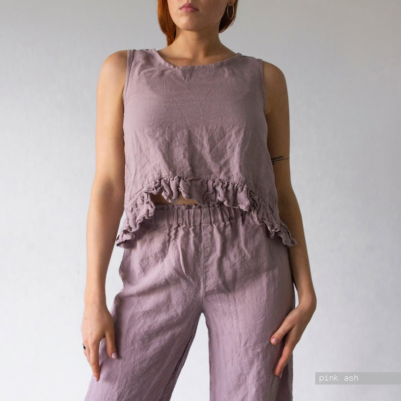 Blusa de lino con cinturón y mangas a media altura para mujer