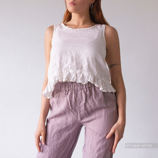 Blusa de lino con cinturón y mangas a media altura para mujer