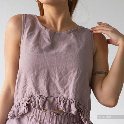 Blusa de lino con cinturón y mangas a media altura para mujer