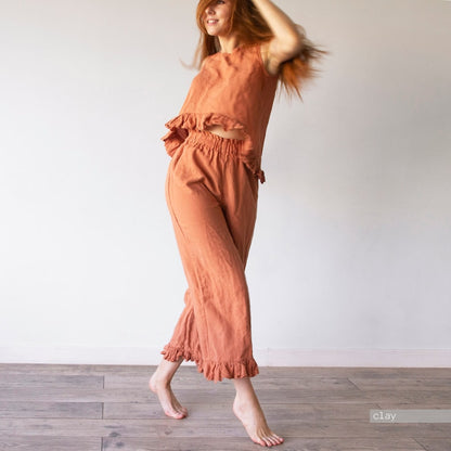 Blusa de lino con cinturón y mangas a media altura para mujer