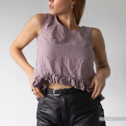 Blusa de lino con cinturón y mangas a media altura para mujer