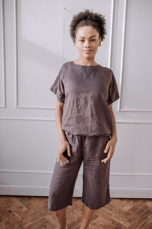 Conjunto de lino de dos piezas para mujer con pantalones cropped