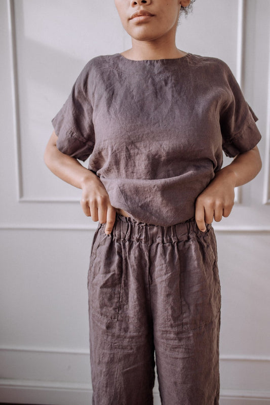 Conjunto de lino de dos piezas para mujer con pantalones cropped