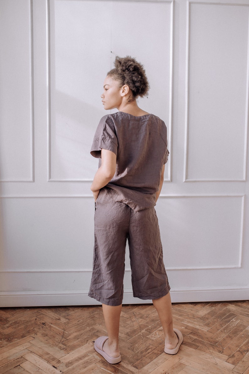 Conjunto de lino de dos piezas para mujer con pantalones cropped