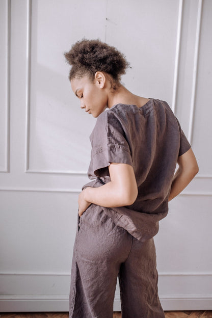 Conjunto de lino de dos piezas para mujer con pantalones cropped