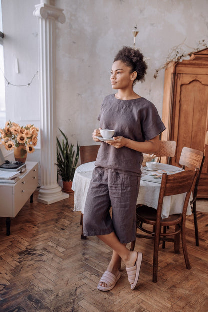 Conjunto de lino de dos piezas para mujer con pantalones cropped