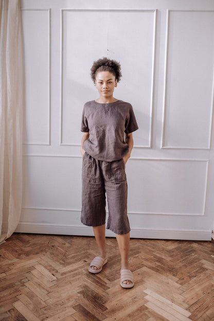 Conjunto de lino de dos piezas para mujer con pantalones cropped