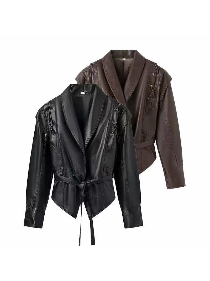Velina Moda | Leather Lace Lapel Collar Blazer Jacket