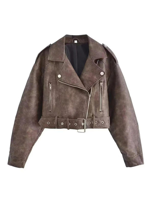 Velina Moda | Leather Lapel Collar Jacket with Belt