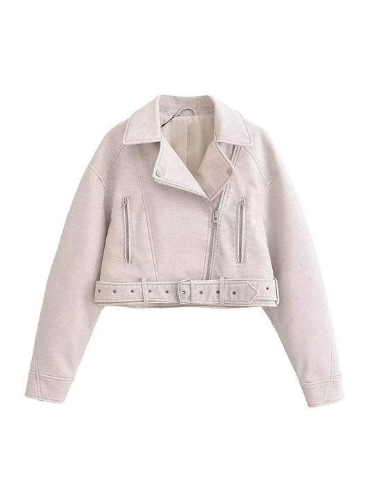 Velina Moda | Leather Lapel Cropped Jacket with Belt