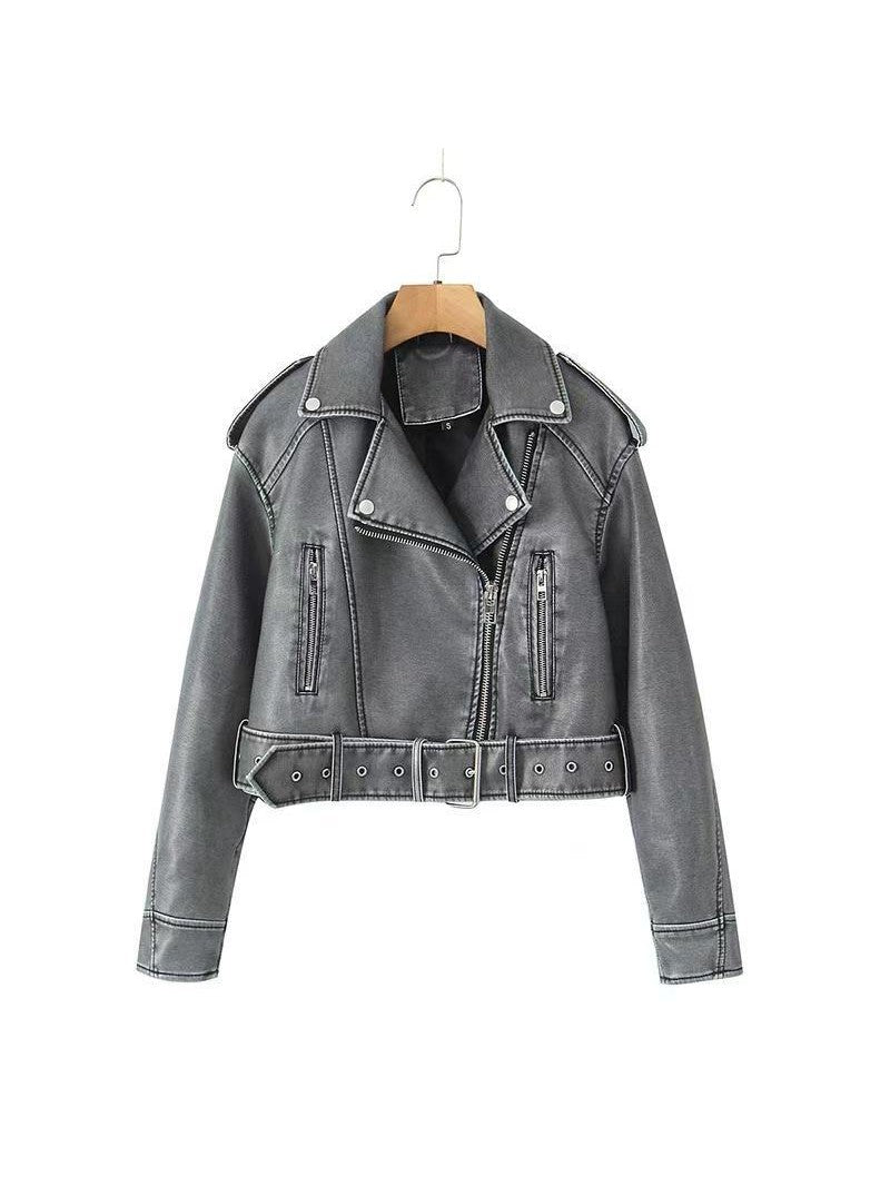 Velina Moda | Leather Lapel Cropped Jacket with Belt