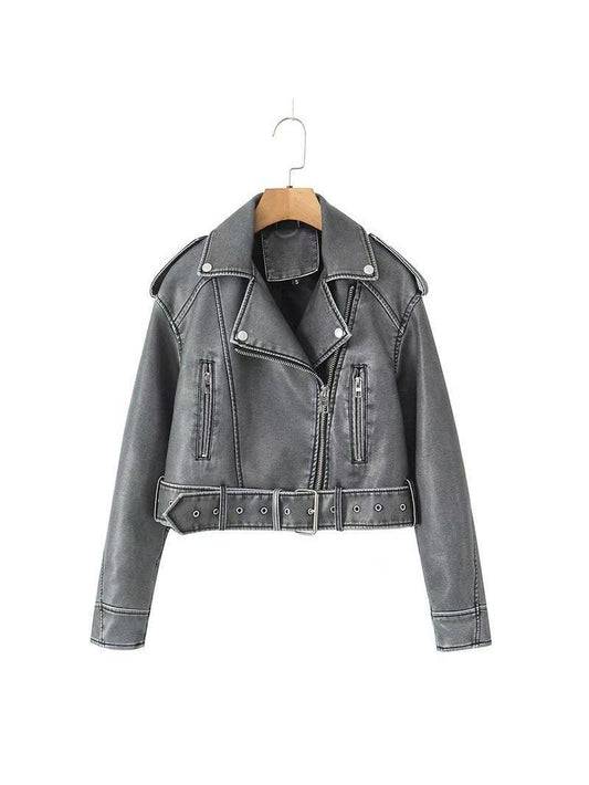 Velina Moda | Leather Lapel Cropped Jacket with Belt