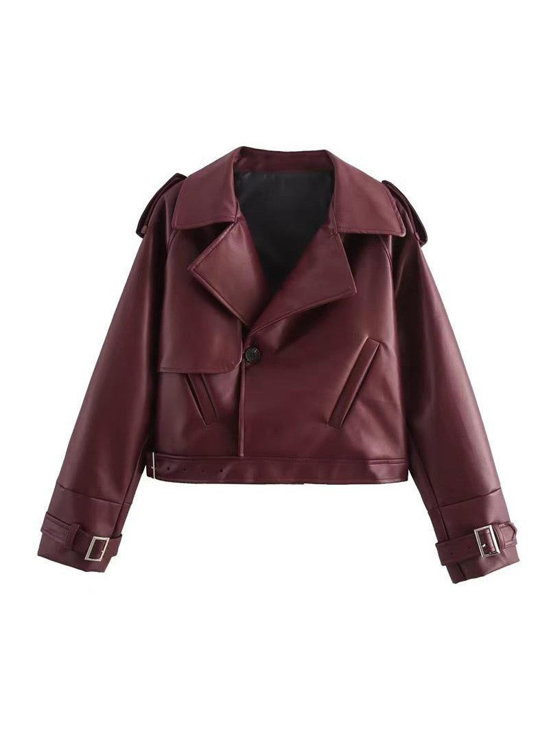 Velina Moda | Leather Crop Jacket with Belt