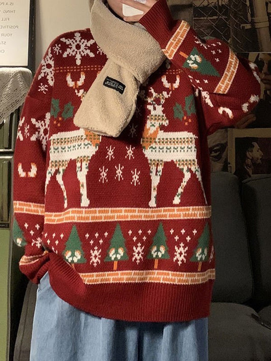 Velina Moda | Vintage Round Neck Sweater with Christmas Deer Print