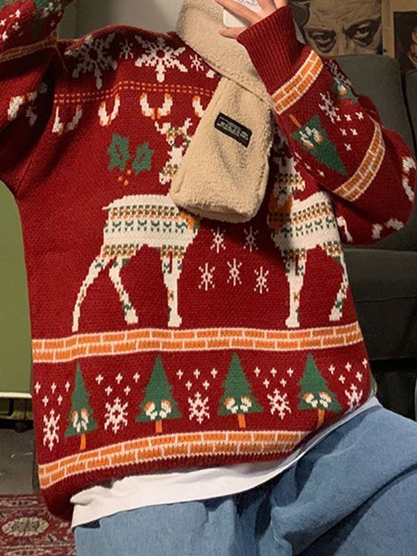 Velina Moda | Vintage Round Neck Sweater with Christmas Deer Print
