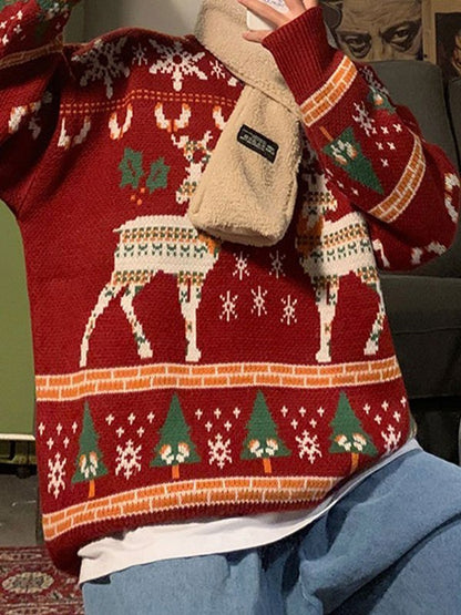 Velina Moda | Vintage Round Neck Sweater with Christmas Deer Print