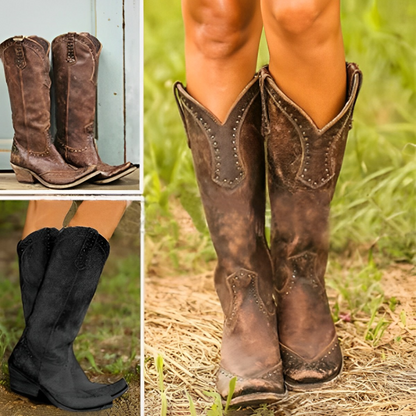 Brown Cowboy Boots with Embossed Details and Rustic Finish