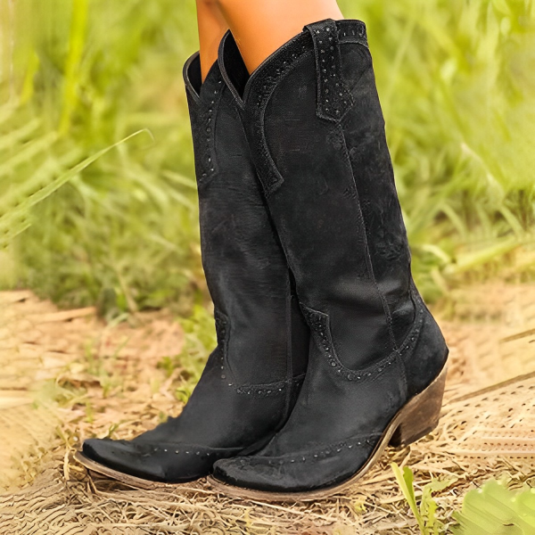Brown Cowboy Boots with Embossed Details and Rustic Finish